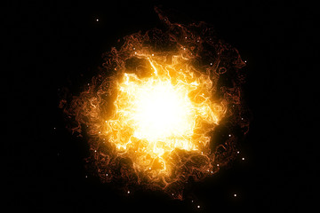 3D rendering, abstract cosmic explosion shockwave warm gold energy on black background