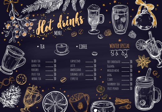 Fototapeta Hot drinks Winter Menu. Design template includes different hand drawn illustrations and Brushpen Lettering. Beverages, drinks and christmas elements. Mulled wine, Hot chocolate, Latte, Tea, Grog etc.