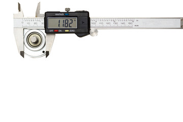 Digital caliper vernier mesuring the object isolated on white background