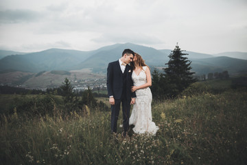 Beautifull wedding couple kissing and embracing near mountain with perfect view