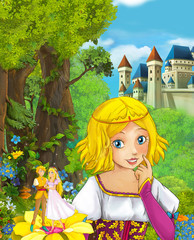 cartoon scene with young princess watching couple of elfs standing on big flower illustration for children   