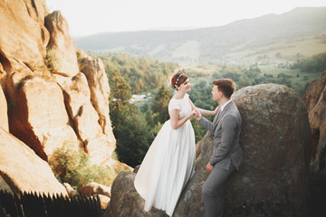 Kissing wedding couple staying over beautiful landscape