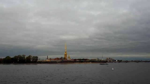 Peter and Paul fortress in the Neva river Delta in Saint Petersburg at sunset. Popular tourist place in Russia. Traveling to Russian cities.