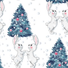 Christmas pattern. Watercolor seamless pattern with bunny 3