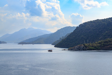 Mountains and the boat from icmeler in Marmaris, Turkey