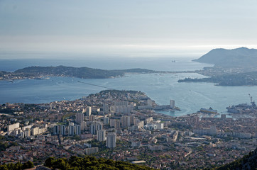 Aerial view of a french city on the Mediterranean sea in the evening