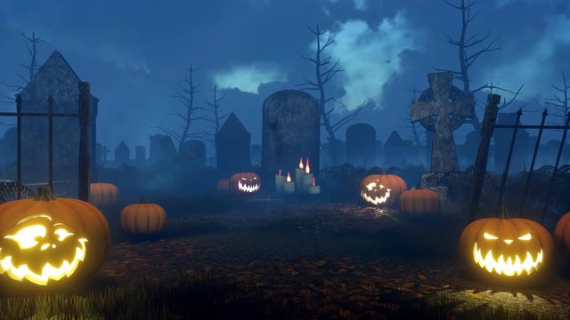 Jack-o-lantern carved halloween pumpkins at entrance to abandoned spooky cemetery and lighted candles near old tombstone at foggy night. Close up shot 3D animation rendered in 4K