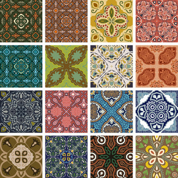 Traditional ornate portuguese decorative tiles azulejos. Abstract background. Vector hand drawn illustration, typical portuguese tiles, floral patchwork design. Moroccan or Mediterranean square tiles.