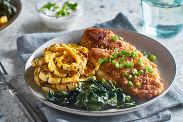 pan fried catfish with spinach and squash