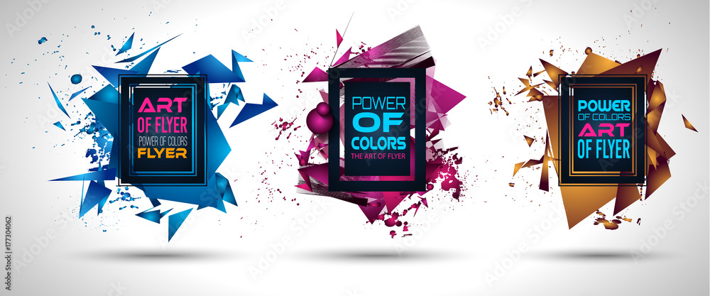 Poster futuristic frame art design with abstract shapes and drops of colors behind the space for text