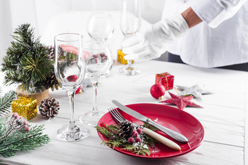 Table served for Christmas dinner in living room