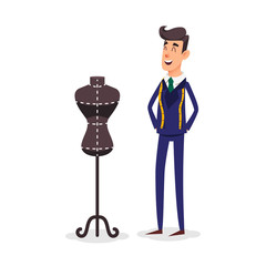 Cartoon happy tailor couture with a centimeter ribbon around his neck. Fashion designer standing near the dummy. Seamstress with tape measure. Dressmaker and female mannequin. Tailors fashion stand.