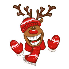 Illustration with cartoon Christmas deer. It's dressed a knitted cap and mittens with an ornament.Vector for you design. - 177304612