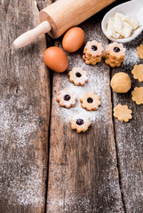 Christmas cookies, sweets on wooden table. Holiday roast. Celebration background.