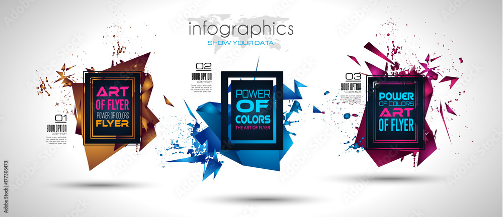Poster futuristic frame art design with abstract shapes and drops of colors behind the space for text