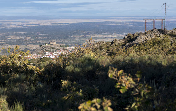 Aerial view of Montanchez Town from La Cogolla peak