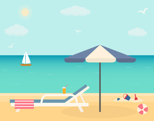 Beach chair with umbrella on sandy beach. Flat style vector illustration.

