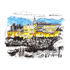Moorish palace and fortress complex Alhambra in Granada, Andalusia, Spain. Picture made liner and markers