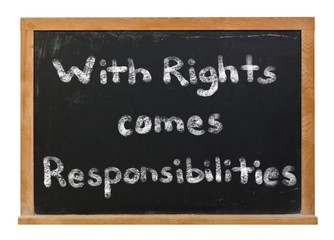 With rights comes responsibilities written in white chalk on a black chalkboard isolated on white