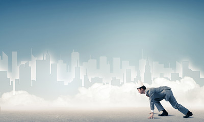 King businessman in elegant suit running and blue cityscape silh