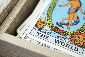 Deck of Tarot cards ; THE WORLD.
