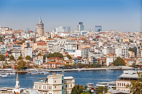 Far away tele view of a Galata tower district with various buildings, classical cityscape of Istanbul, Turkey