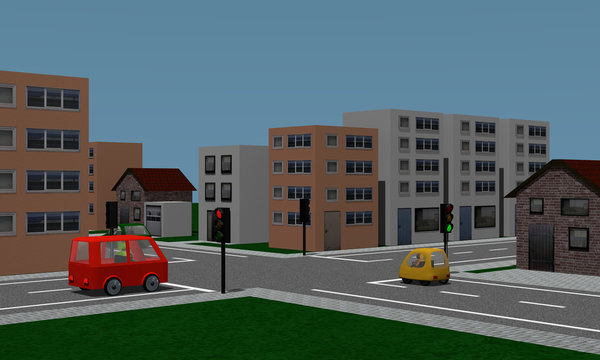 Straßenkreuzung mit Ampel, Autos und Häusern.