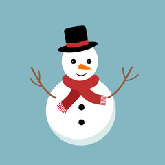 Cute snowman on blue background. Flat style vector illustration.

