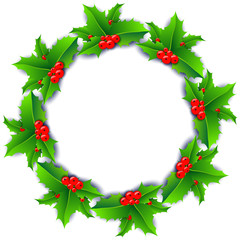 Christmas wreath poster with holly berries isolated on white background.