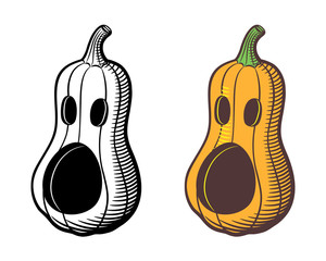 Stylized vector image of jack-o-lantern. Butternut squash carved for Halloween. Outline and colored version