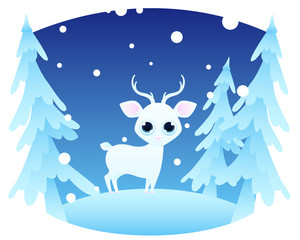 Winter forest landscape with white deer. Vector illustration