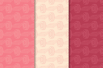 Cherry red geometric ornaments. Set of seamless patterns