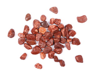 Pile red rocks isolated on white background and texture, top view