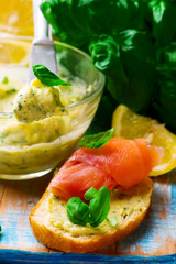 Butter with a basil and a lemon for sandwiches