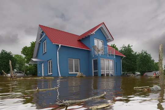 3d render of a flooding blue house - force of nature