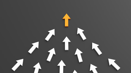 Leadership, success, and teamwork concept, orange leader arrow leading white arrows, on black background. 3D Rendering.
