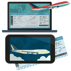 Online ordering and booking of air tickets. Vector