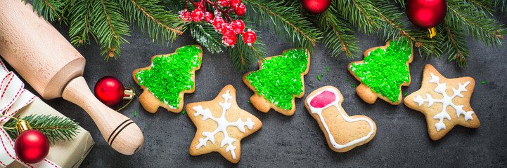 Christmas gingerbread cookies. Christmas baking background. Long banner format.