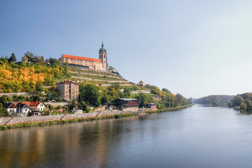 Melnik Lock on top over european river Labe in autumnal czech landscape