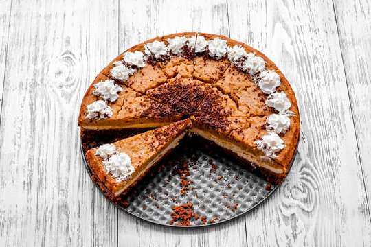 Pumpkin Pie For Thanksgiving Day On A Plate On Gray Wooden Background Copyspace Mock Up