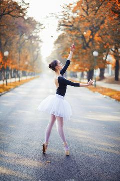 Young beautiful ballerina dancing in the park
