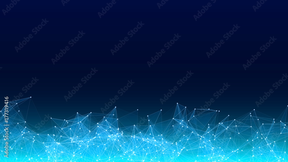 Poster vector abstract futuristic digital landscape with particles dots and stars on horizon. computer geom
