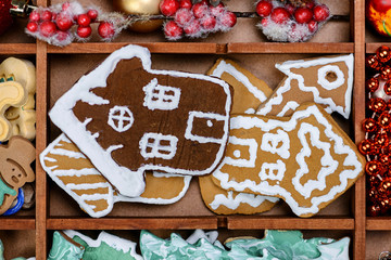 christmas decoration in a box on a wooden background