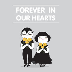 People Holding Marigold Or Yellow Flowers Bloom In Honour To The King Of Thailand. Love Live Forever In Thai Hearts Concept Card Character illustration