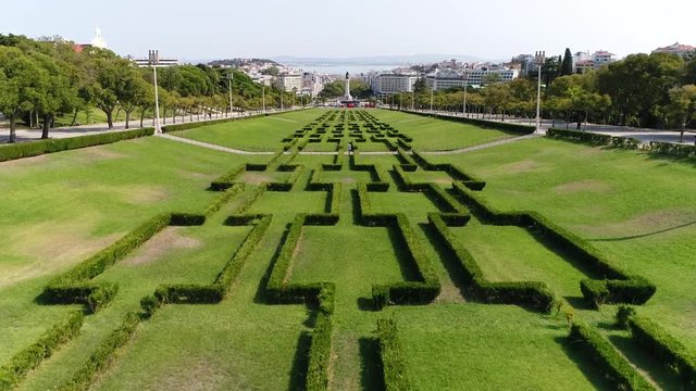 Aerial of Eduardo VII Park in Portuguese Parque Eduardo VII is public park in Lisbon Portugal the park occupies an area of 26 hectares in the centre of the city its name pays homage to Edward VII 4k