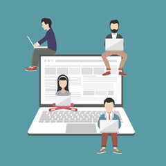 People sitting on big notebook. Social network web site. Surfing concept illustration of young people using lap top to be a part of on line community. Flat vector illustration