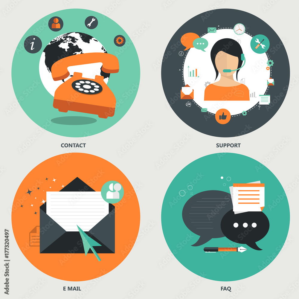 Wall mural set of flat vector icons for web and mobile phone services and apps. icons for frequently asked ques