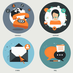 Set of flat vector icons for web and mobile phone services and apps. Icons for frequently asked questions, e mail, contact and support. 