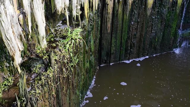 Rotten wooden lock gates on a canal.