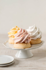 Still life in vintage style with meringue mini cake and on rustic wooden table